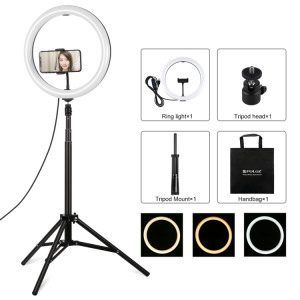 PULUZ 11.8 pouces 30cm Light + 1.65m Support de trépied Surface incurvée USB 3 modes Dimmable Double Anneau de LED de température de couleur Vlogging Video Light Kits de diffusion en direct avec pince de téléphone SP061B1636-20