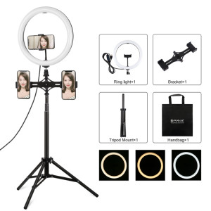 PULUZ 11.8 pouces 30cm Lumière + Trépied 1.65m + Support de téléphone double Surface incurvée USB 3 modes Dimmable Anneau LED de température double couleur Vlogging Video Light Kits de diffusion en direct avec SP062B980-20