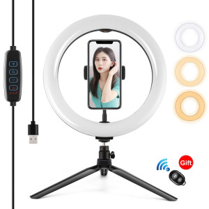 PULUZ 10.2 pouces 26cm Lumière + Support de trépied de bureau USB 3 modes Dimmable Double température de couleur LED Anneau de lumière diffuse incurvée Vlogging Selfie Photographie Lumières vidéo avec pince de SP072B640-20