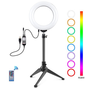 PULUZ 6.2 pouces 16cm RGBW Light + Support de trépied de bureau + Anneau LED à intensité variable USB Vlogging Photographie Lumières vidéo avec trépied à chaussure froide Rotule et télécommande (Noir) SP075B699-20