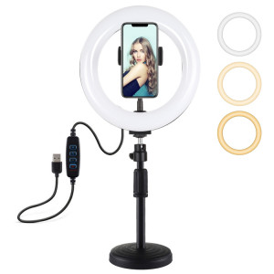 Puluz 7,9 pouces 20cm Light + Base de bureau ronde USB 3 Modes Dimmable Double couleur Température LED Courbe Light Bague Vlogging Selfie Photographie Vidéo lumières avec pince de téléphone (noir) SP078B1634-20