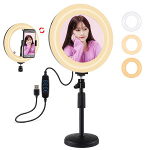 PULUZ 7.9 pouces 20cm Miroir Lumière + Base Ronde Support De Bureau 3 Modes Dimmable Double Température De Couleur LED Anneau Lumineux Courbé Vlogging Selfie Photographie Vidéo Lumières avec Pince De Téléphone SP079B925-20