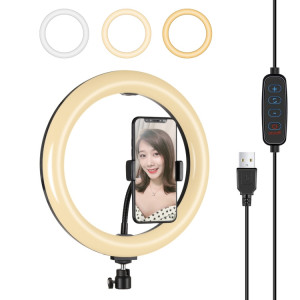 Puluz 10,2 pouces 26cm USB 3 modes Dimmable Bague LED Vlogging Selfie Beauté Photographie Photographie Vidéo lumineuses avec pile de têtes de boule de trépied (noir) SPU3971361-20
