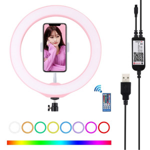 PULUZ 10.2 pouces 26cm USB RGBW Dimmable LED Anneau Vlogging Photographie Vidéo Lumières avec Trépied Rotule & Télécommande & Téléphone Pince (Rose) SP430F891-20