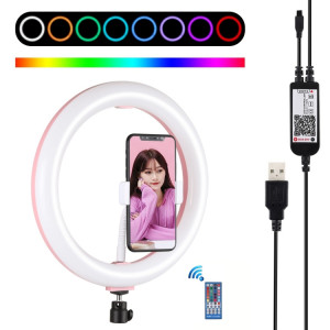 PULUZ 10.2 pouces 26cm Surface incurvée USB RGBW Dimmable LED Anneau Vlogging Photographie Vidéo Lumières avec Trépied Rotule & Télécommande & Téléphone Pince (Rose) SP455F728-20