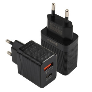 LZ-728 QC 3.0 USB + PD 20W USB-C / Type-C Chargeur de voyage rapide, Plug UE (Noir) SH582B389-20