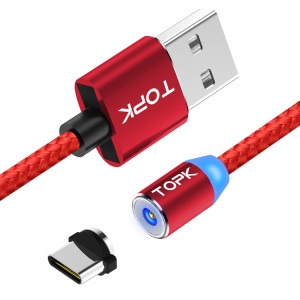 TOPK AM23 1m 2.4A Max USB vers USB-C / Type-C Câble de Charge Magnétique Tressé en Nylon avec Indicateur LED(Rouge) ST480R588-20
