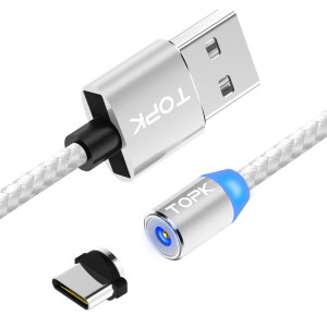 TOPK AM23 1m 2.4A Max USB vers USB-C / Type-C Câble de Charge Magnétique Tressé en Nylon avec Indicateur LED (Argent) ST480S115-20