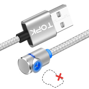 Câble de charge magnétique TOPK AM30 1 m 2,4 A Max USB vers coude à 90 degrés avec indicateur LED, sans prise (argent) ST562S1983-20