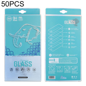 50 pièces de papier à motif d'éléphant extérieur + boîte d'emballage intérieure en plastique pour protecteur d'écran en verre trempé SH53161964-20