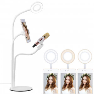 Support universel de support de téléphone portable Selfie Ring Light avec clip de microphone et réglage de la lumière 3 couleurs, pour l'enregistrement en studio, diffusion en direct, Live Show, KTV, etc. (Blanc) SH504W1602-20