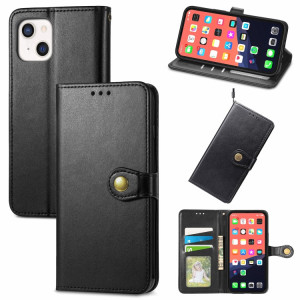 Pour iPhone 13 Coloration solide Coating Buckle Boucle Boîte de téléphone avec lanière et cadre photo Slot & Card Slot & Wallet & Stand Fonction (Noir) SH803A629-20