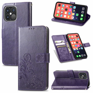 Pour iPhone 13 pro Fonds de trèfle à quatre feuilles Boucle en relief Boucle de protection mobile Cas de protection de téléphone portable avec lanière et fente de carte et portefeuille et support (violet) SH902E1356-20