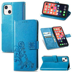 Pour iPhone 13 Fermoir au trèfle à quatre feuilles Boucle en relief Boucle de protection mobile Housse en cuir de protection de téléphone avec lanière et fente de carte et portefeuille et support (bleu) SH903C798-20