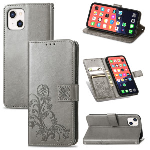 Pour iPhone 13 Fermoir au trèfle à quatre feuilles Boucle en relief de protection mobile Cas de protection de téléphone portable avec lanière et fente de carte et portefeuille et support de portefeuille (gris) SH903D1347-20