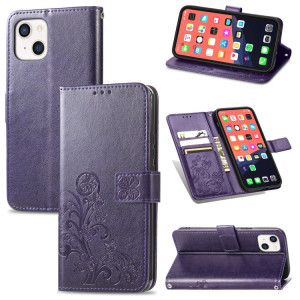 Pour iPhone 13 Fermoir au trèfle à quatre feuilles Boucle en relief Boucle mobile Protection de téléphone portable Coque en cuir avec lanière et fente de carte et portefeuille et support de portefeuille (violet) SH903E920-20