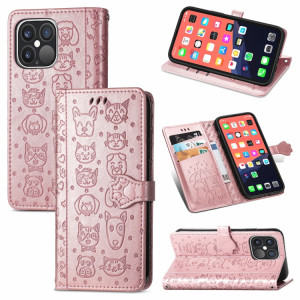 Étui en cuir horizontal horizontal de chat et de chien mignon avec support et portefeuille et portefeuille pour iPhone 13 Pro (Rose Gold) SH002B1203-20