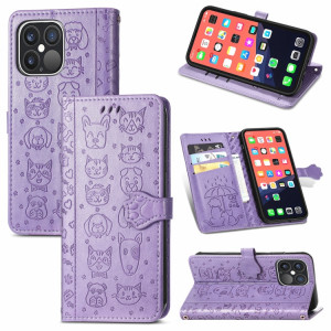 Coque en cuir horizontal horizontal de chat et de chien mignon avec support et portefeuille et portefeuille pour iPhone 13 Pro (violet) SH002D136-20
