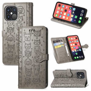Coque en cuir horizontal horizontal de chat et de chien mignon avec support et portefeuille et portefeuille pour iPhone 13 Pro (gris) SH002H1368-20