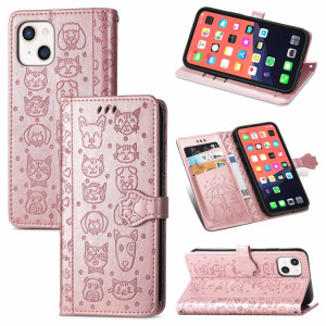 Coque en cuir horizontal horizontal de chat et de chien mignon avec porte-cartes et portefeuille et portefeuille pour iPhone 13 (or rose) SH003B467-20