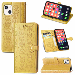 Coque jolie chat et chien enduit horizontal horizontal boîtier avec support et machine à sous de carte et portefeuille et longe pour iPhone 13 (jaune) SH003E1657-20