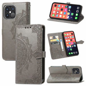 Horizon Horizontal Horizontal en relief de Mandala avec titulaire & Three Card Slots & Wallet & Lanière pour iPhone 13 Pro (gris) SH302E264-20