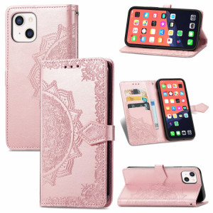 Horizon Horizontal Horizontal en relief de Mandala avec support & Three Card Slots & Wallet & Lanière pour iPhone 13 (Rose Gold) SH303B819-20