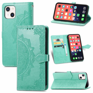 Mandala Flower Horizontal Horizontal Horizon Cuir Coffret avec support & Three Card Slots & Portefeuille et longe pour iPhone 13 (Vert) SH303C1072-20