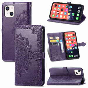 Horizon Horizontal Horizontal de Fleur Mandala avec support & Three Card Slots & Wallet & Lanière pour iPhone 13 (violet) SH303F356-20