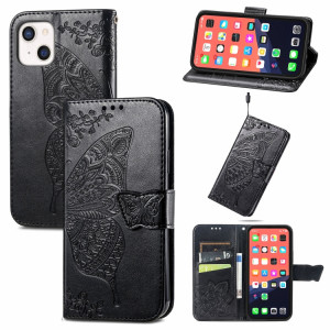 Coque en cuir horizontal horizontal à fleurs d'amour papillon avec support / portefeuille / portefeuille / lanière pour iPhone 13 (noir) SH803A1478-20