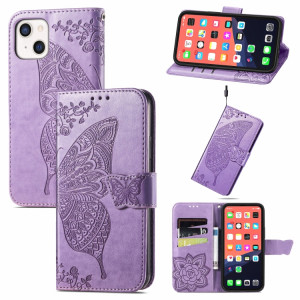 Coque en cuir horizontal horizontal à fleur d'amour papillon avec support / portefeuille / portefeuille / lanière pour iPhone 13 (Violet léger) SH803E895-20