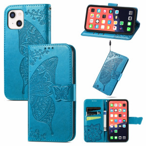 Boîtier en cuir horizontal horizontal à fleurs d'amour papillon avec support / portefeuille / portefeuille / lanière pour iPhone 13 mini (bleu) SH804D200-20