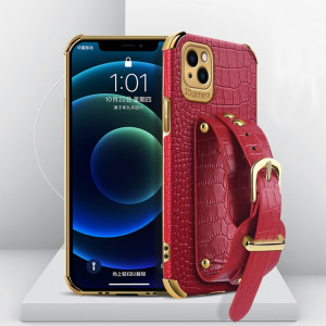 Étui en cuir de motif de crocodile TPU galvanoplié avec sangle de poignet pour iPhone 13 Pro (rouge) SH902B166-20