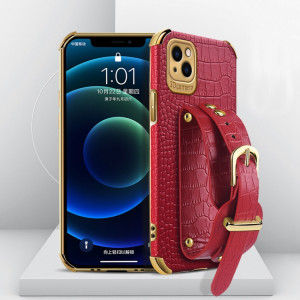 Étui en cuir de crocodile TPU tpu galvanoplié avec sangle de poignet pour iPhone 13 (rouge) SH903B274-20