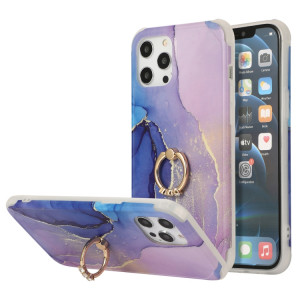 Housse de couverture arrière en marbre d'or de quatre coins de seconde coiffure avec une bague en strass en métal pour iPhone 13 Pro (Bleu foncé) SH202A1362-20