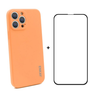 Chapeau-Prince Enkay Silicone Liquide Cas de protection antichoppes Couvercle de protection chute + film de protection en verre trempé pour iPhone 13 Pro Max (Orange) SE601G41-20