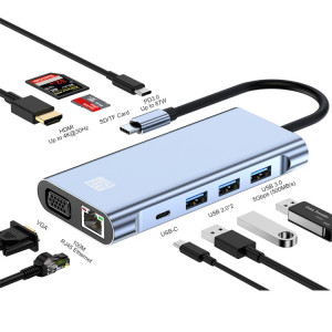 JUNSUNMAY 10 en 1 Type-C vers 4K HDMI + VGA + RJ45 + Adaptateur de station d'accueil audio 3,5 mm PD Hub de charge rapide Lecteur de carte SD / TF SJ0784678-20