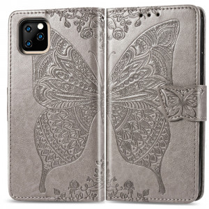 Papillon Love Flowers Étui à rabat horizontal en cuir Flip pour iPhone 11 Pro Max avec titulaire et fentes pour cartes et porte-monnaie et lanière (Gris) SH801C1830-20