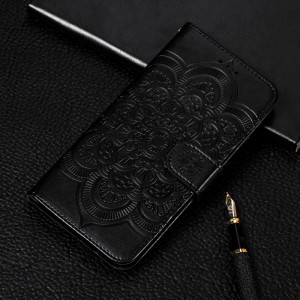 Etui à rabat horizontal en cuir Mandala avec motif gaufrage pour iPhone 11 Pro Max, avec support et logements pour cartes, portefeuille et cadre photo et lanière (Noir) SH601B469-20