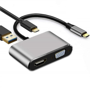 Adaptateur USB C vers HDMI VGA 4K Adaptateur 4 en 1 Type C Hub vers HDMI VGA Adaptateur multiport AV numérique USB 3.0 avec port de chargement USB-C PD Compatible pour Nintendo Switch / Samsung / MacBook (Gris) SH601A964-20