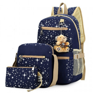Sacs à dos à la mode pour impression d'étoiles en toile avec sac à dos à pendentif ours, 3 PCS / ensemble (bleu foncé) SH001A1279-20