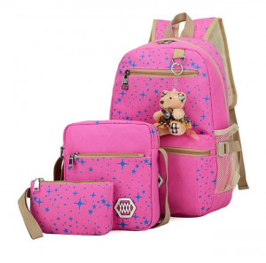 Sacs à dos à la mode d'impression d'étoiles en toile avec sac à dos de sac de voyage pendentif ours, 3 PCS / ensemble (rose) SH001D1156-20