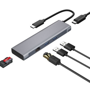 T1901 Station d'accueil de type C ADAPTATEUR MULTIFONCTION HD Interface multimédia + RJ45 + USB3.0 x 2 + HUB multifonction SD + TF (6 en 1 gris argenté) SH101A1181-20