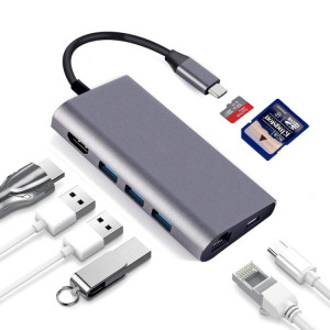 8 en 1 Type-C à HDMI + RJ45 Network Port + 3USB3.0 + Station d'accueil PD (Gris) SH901A1671-20