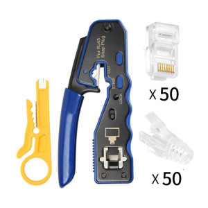Rj45 8P Traversant Cristal Tête Connecteur Veste Réseau Outil Dénudage Fil Câble Pince Ensemble (Bleu) SH501A968-20