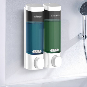 Bosharon Shampooing Gel douche Boîte de désinfectant pour les mains domestique Distributeur de savon à double tête mural sans poinçon, Style: Double grille (blanc) SH602A635-20