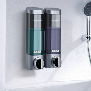 Bosharon Shampooing Gel douche Boîte de désinfectant pour les mains domestique Distributeur de savon à double tête mural sans poinçon, style: double grille (gris argent) SH602B1528-20