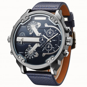 Montre-bracelet de luxe en cuir Oulm Men Business à deux fuseaux horaires Quartz Bleu C97371526-20