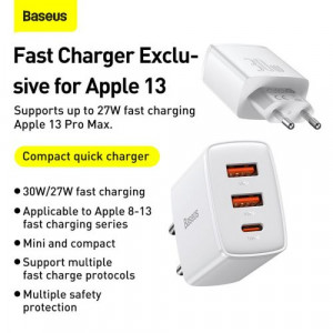 Baseus Travel Charger Compact Quick Charger U+U+C PD3.0, QC 3.0 30W EU White (CCXJ-E02) DA91562-20