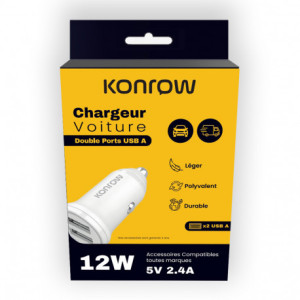 Konrow KCC12AAW Adaptateur Allume-cigare 2 Ports USB A Charge rapide 12W, Blanc (Compatible, Blister) KCC12AAW-20